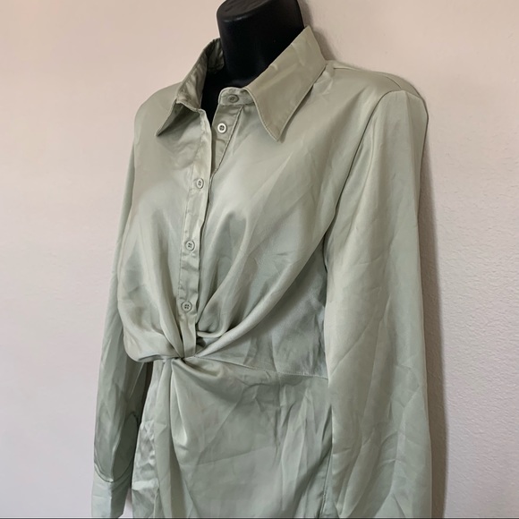 Princess Polly Sage Green Satin Long Sleeve Button Twist Cut Out Shirtdress - Picture 7 of 12